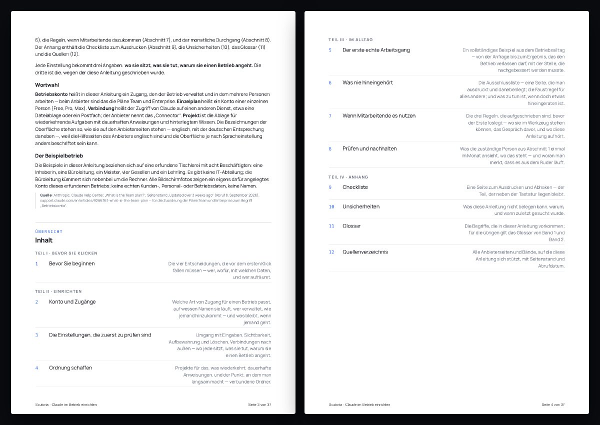 Zwei Seiten aus dem PDF von „Claude im Betrieb einrichten“