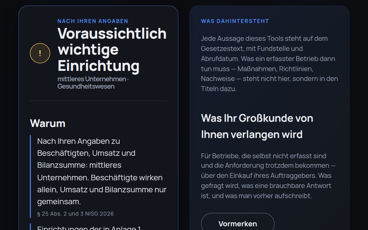 So sieht das Ergebnis aus: Fällt mein Betrieb unter NIS2?
